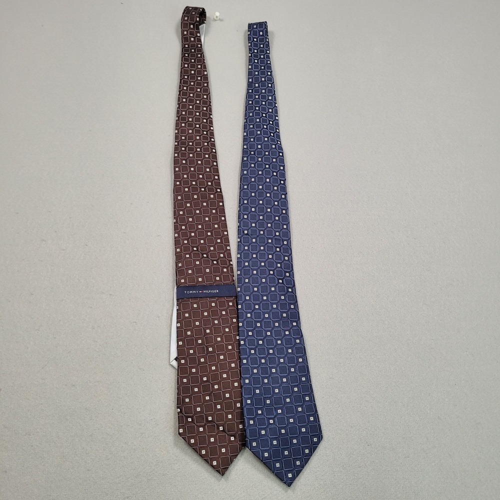 Tommy Hilfiger Mens Silk Ties Set of 2 Brown Blue Geometric Pattern Square Print